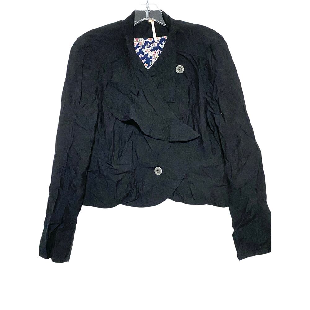 Free People Blazer Jacket Black Floral Lined Asymmetrical Buttons Ruffle Women 4